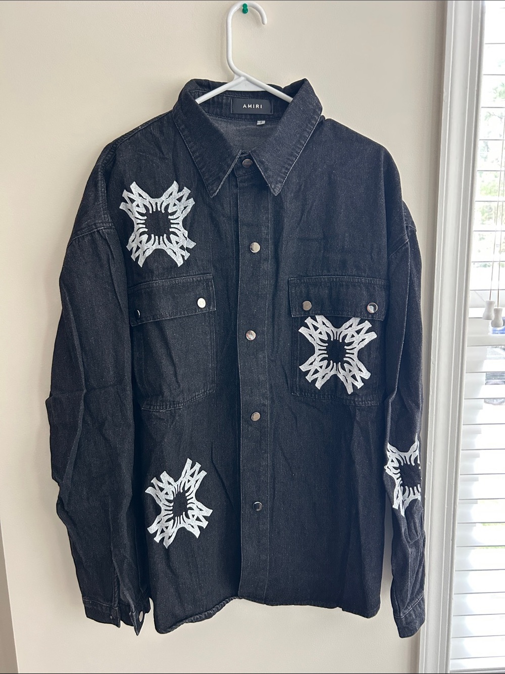 AMIRI Black Denim Shirt Jacket with White Graphic Stars
